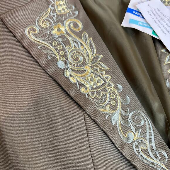 Vtg R&K Originals Silk Pant Suit Blazer Womens 8 Tan 2 pc Embroidered Dead Stock - Picture 4 of 15
